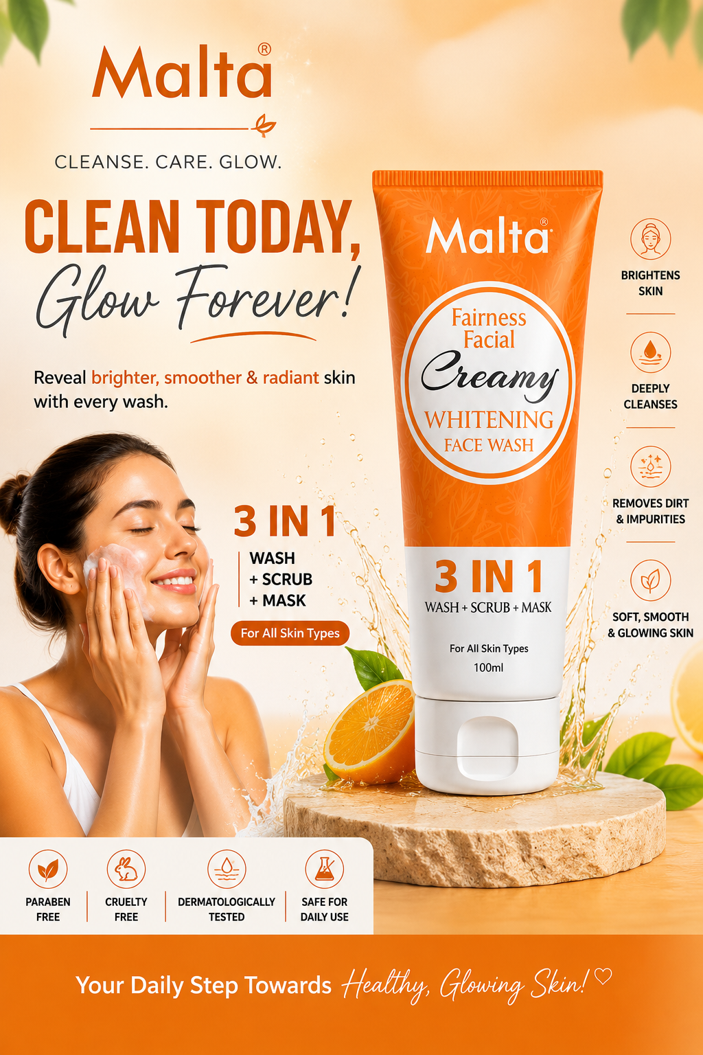 Malta Fairness Facial Creamy Whitening Face Wash - 3 in 1