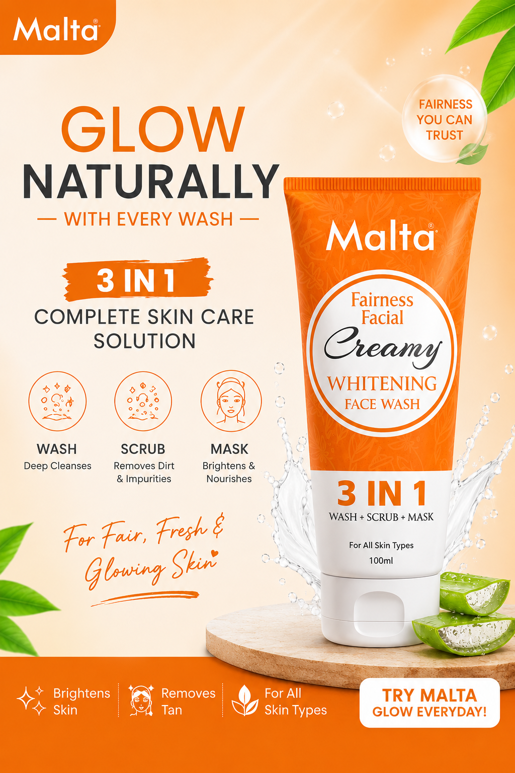 Malta Fairness Facial Creamy Whitening Face Wash - 3 in 1