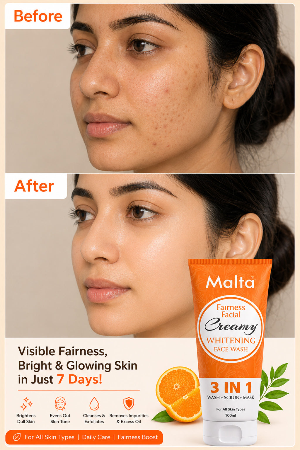 Malta Fairness Facial Creamy Whitening Face Wash - 3 in 1