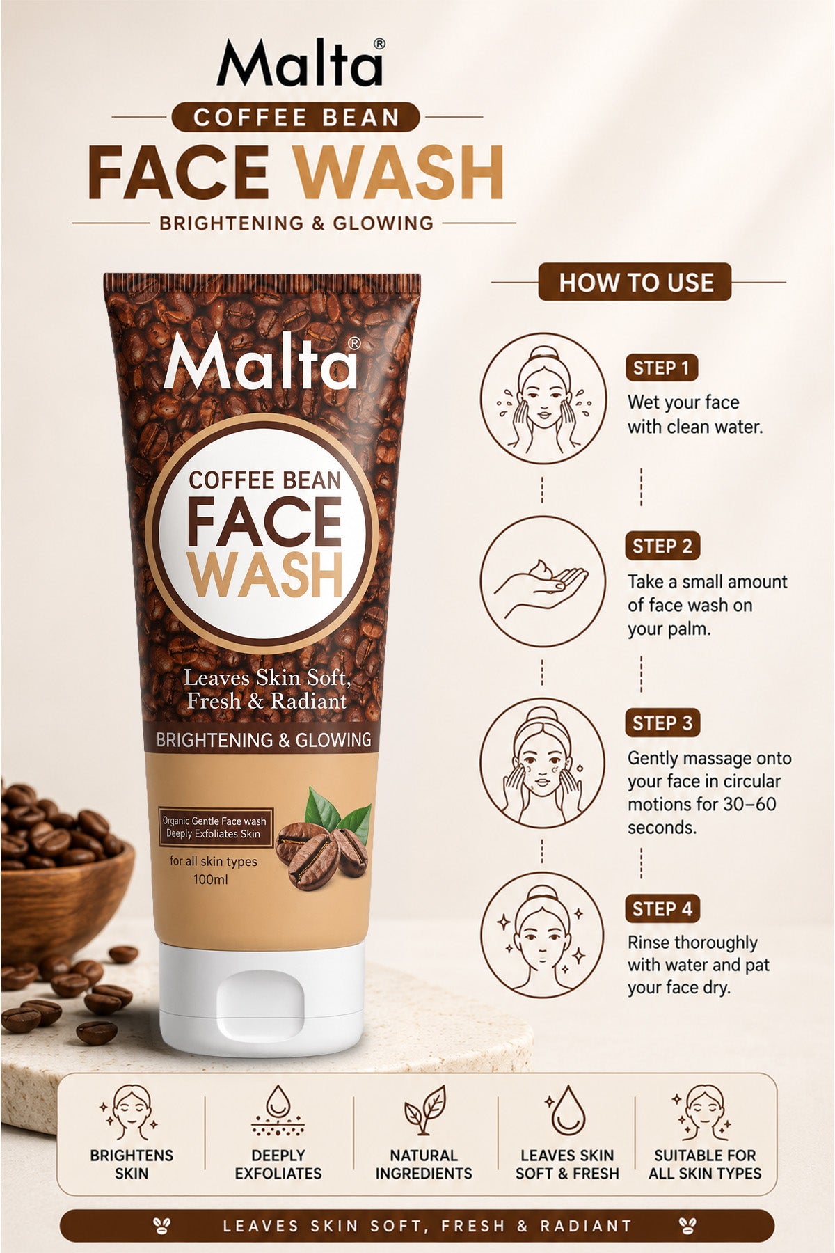 Malta Coffee Bean Face Wash - Brightening & Glowing