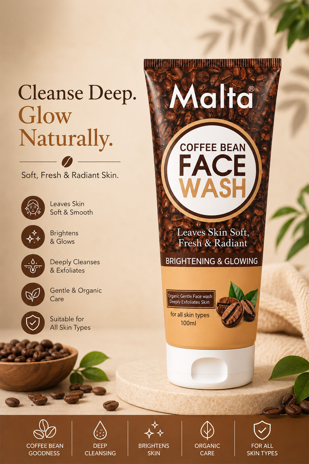 Malta Coffee Bean Face Wash - Brightening & Glowing