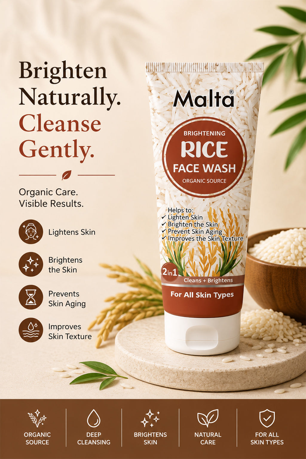 Malta Rice Face Wash - Brightening, Organic Source