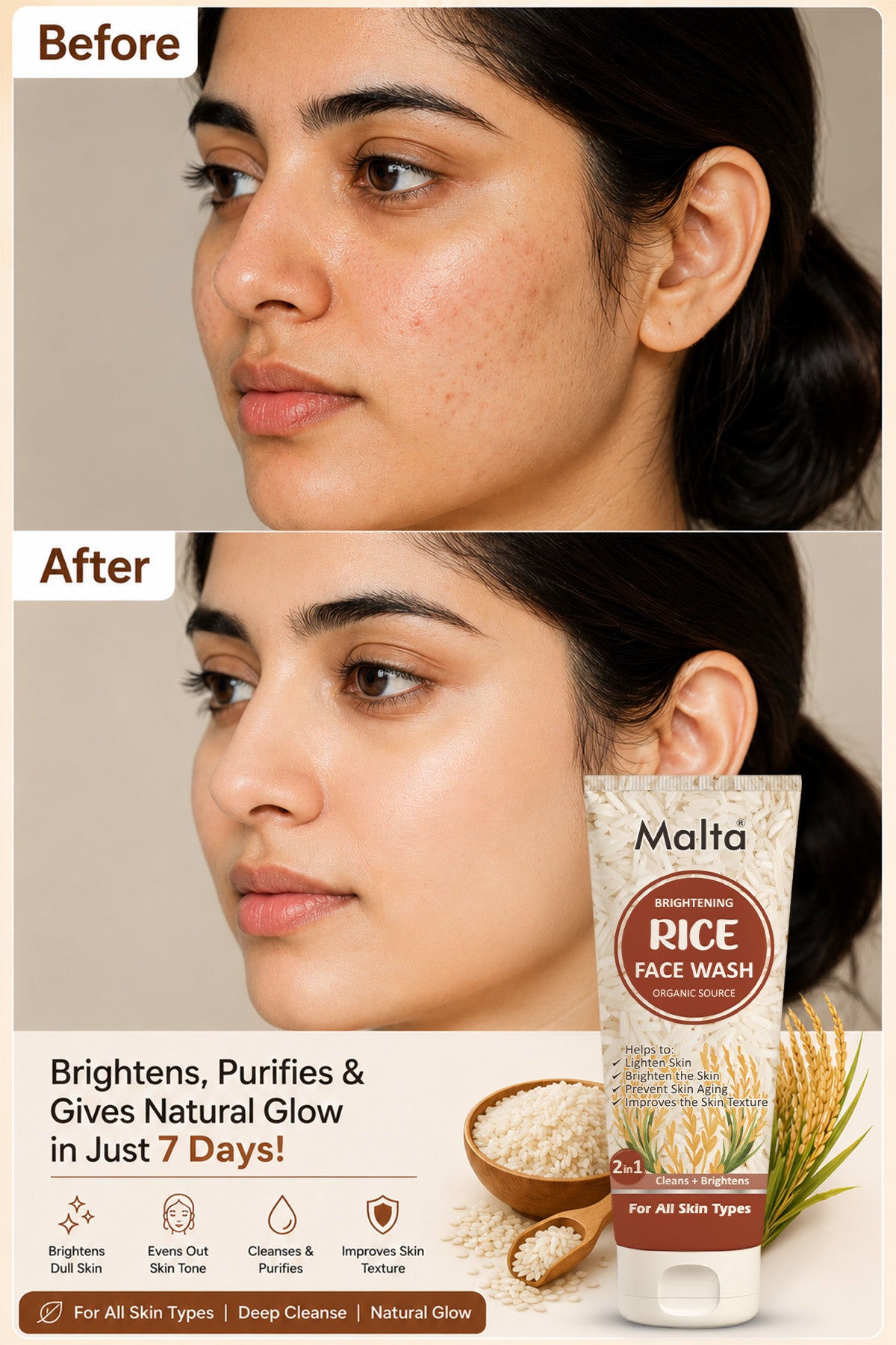 Malta Rice Face Wash - Brightening, Organic Source