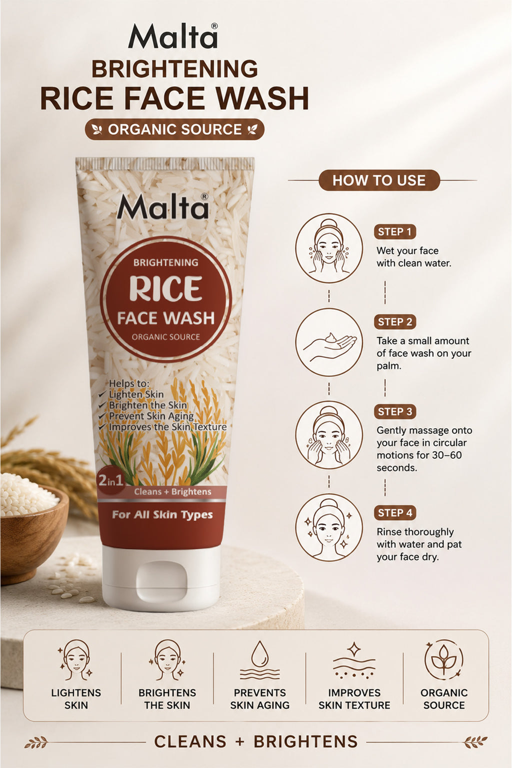 Malta Rice Face Wash - Brightening, Organic Source
